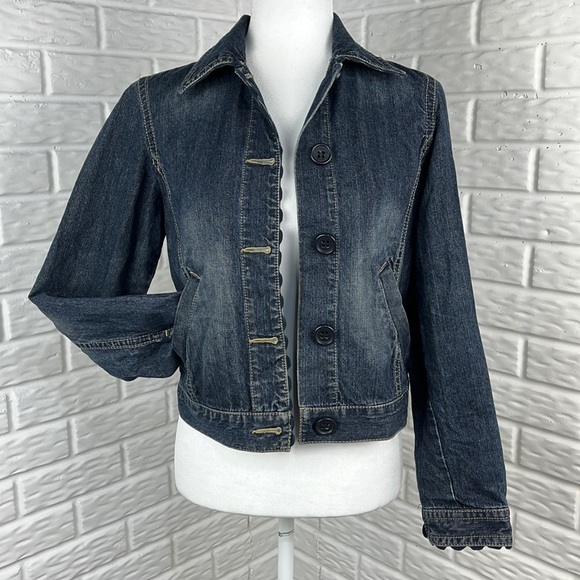 LIZ CLAIBORNE DENIM JEAN SCALLOPED JACKET SIZE SMALL - Picture 1 of 12
